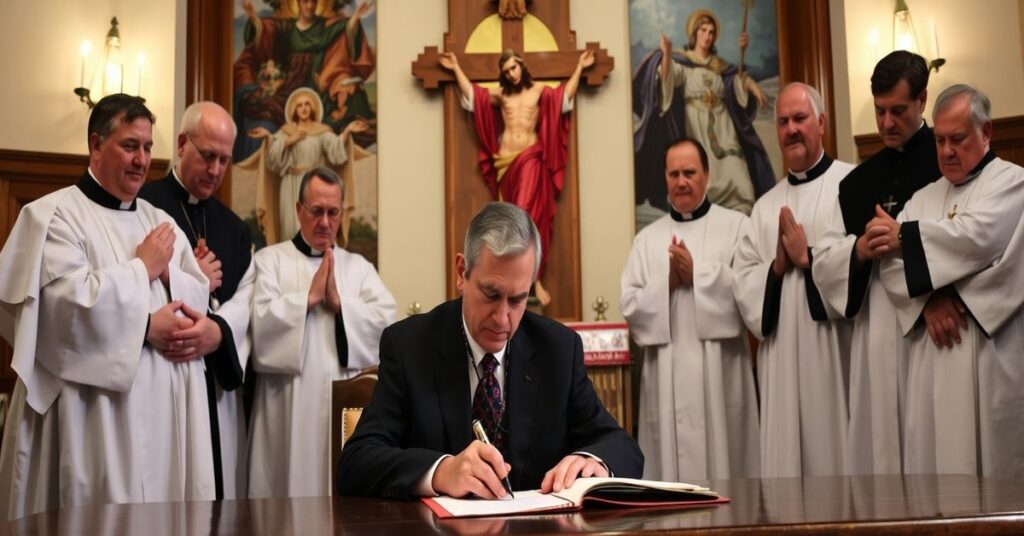 Gubernator Larry Rhoden podpisuje ustawy pro-life w tradycyjnym katolickim otoczeniu z modlącymi się duchownymi