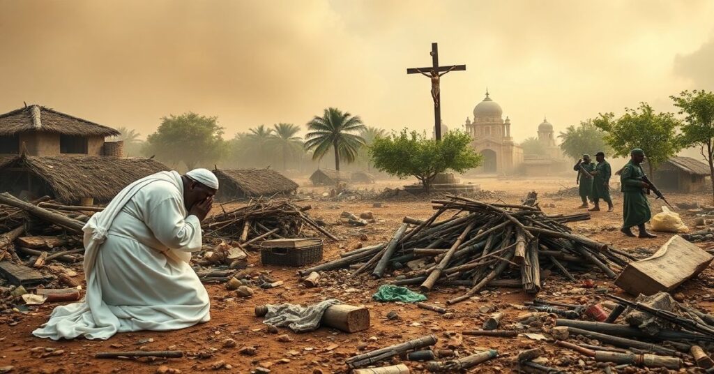 Scena konfliktu w Sudanie z gumą arabską jako narzędziem wojny; ksiądz modli się nad zniszczonymi akacjami podczas grabieży przez militancy.