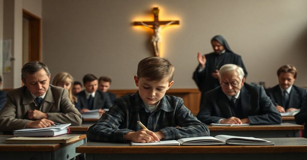 Scena katolicka przedstawiająca niesłyszącego ucznia Gustawa Bronka zmagającego się z niesprawiedliwym systemem egzaminacyjnym w polskiej klasie otoczonego obojętnymi urzędnikami. W tle widoczny jest tradycyjny ksiądz modlący się za chłopca, symbolizujący opuszczenie prawdziwej wiary. Sceneria to surowe, nowoczesne instytucje edukacyjne kontrastujące z ciepłym duchowym światłem promieniejącym od krzyża na ścianie.