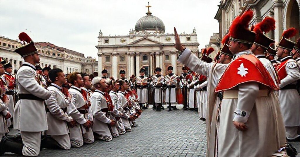 Sobieski ceremonii przyśłżenia nowych członków Gwardii Szwajcarskiej przed uzurpatorem w Watykanie