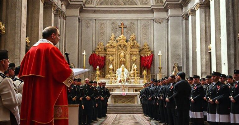 Uroczysta indukcja rekrutów do Gwardii Szwajcarskiej w Watykanie z "kardynałem" Parolinem na tle tradycyjnych katolickich symboli.