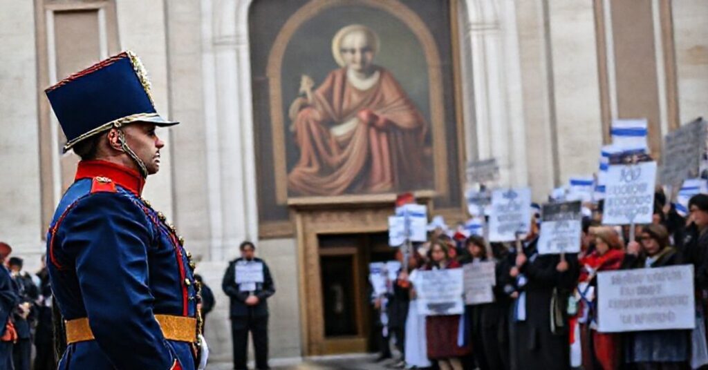 Gwardzista Szwajcarski stoi w tradycyjnym mundurze przed wejściem do Watykanu, przeciwstawiając się grupie protestujących Żydów. W tle widoczna jest słabo widoczna freska z postacią Piusa X.