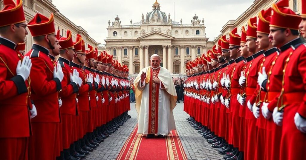 Ceremonia przysięgi nowych rekrutów Gwardii Szwajcarskiej przed fałszywym papieżem w Watykanie, związana z nowym mundurem reprezentacyjnym.