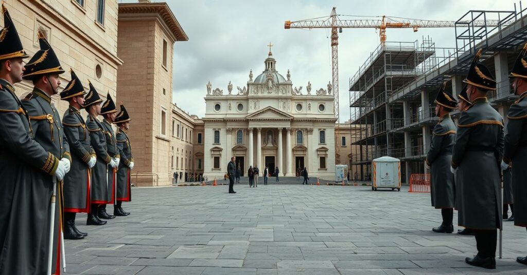 Gwardia Szwajcarska w tradycyjnych mundurach przed starymi koszarami w Watykanie kontrastującymi z nowoczesnym budowlanym placem budowy symbolizującym nową sekularyzację.