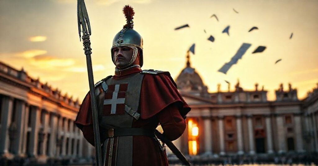 Gwardia Szwajcarska w tradycyjnym stroju stoi u wejścia do Watykanu, symbolizując konflikt między tradycją a nowoczesnym kompromisem w Kościele