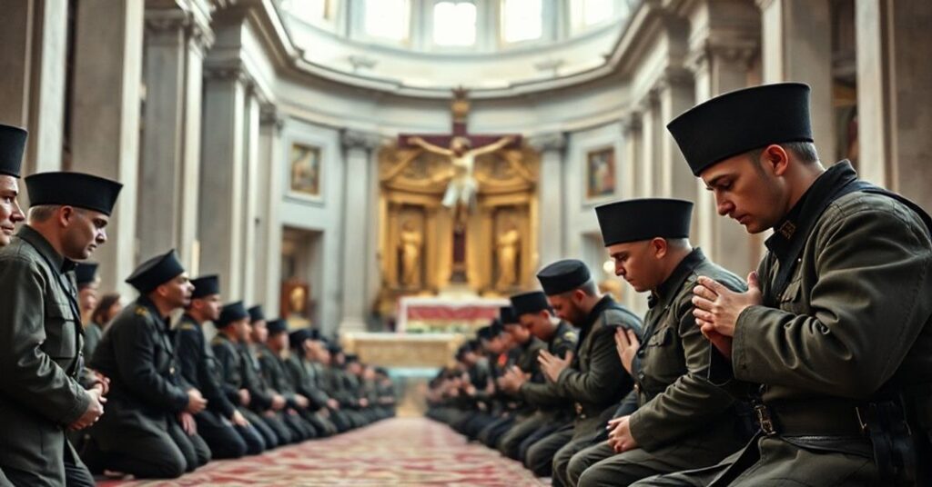 Tradycyjni strażnicy Gwardii Szwajcarskiej modląc się przed krzyżem w starożytnej bazylice św. Piotra.