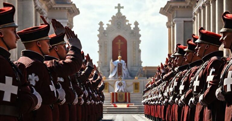 Grupa gwardzistów szwajcarskich w tradycyjnych mundurach stoi na cześć uzurpatora w Watykanie