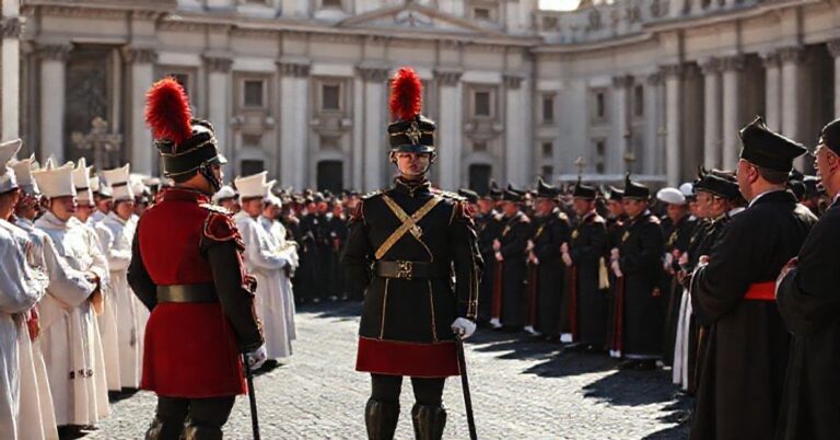 Obraz przedstawiający Gwardię Szwajcarską podczas audiencji w Watykanie, podkreślający tradycyjny katolickiego wzór wiernej służby i ochrony.