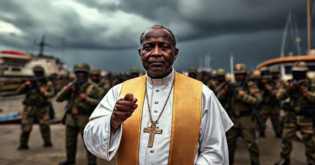 Ksiądz w tradycyjnych szatach błogosławiący chaos w porcie Gwinei Bissau podczas zamachu stanu i walk karteli narkotykowych.