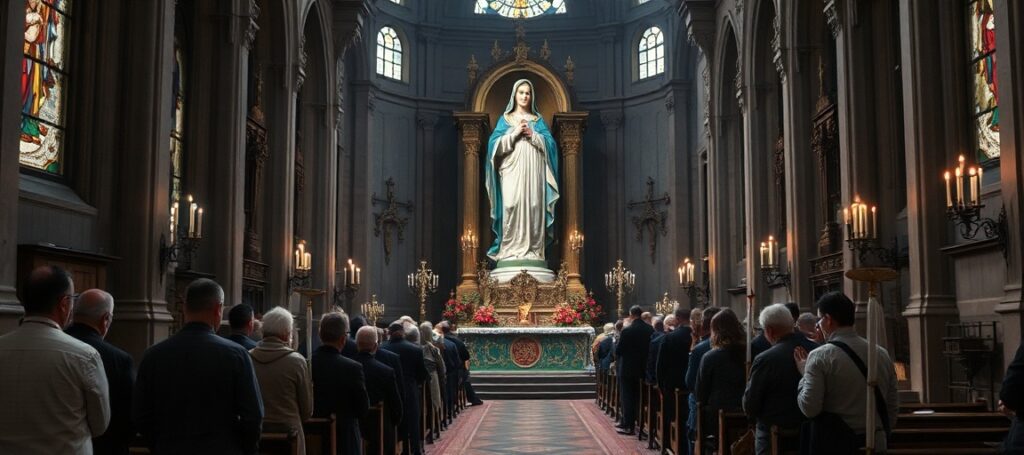 Obraz przedstawiający uroczystą mszę świętą w bazylice w Hałcnowie przed obrazem Hałcnowskiej Piety.
