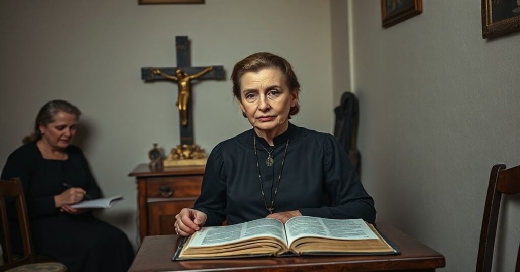 Portret Haliny Poświętowskiej w tradycyjnym katolickim kontekście, ukazujący jej życie i decyzje bez nadprzyrodzonego wymiaru.