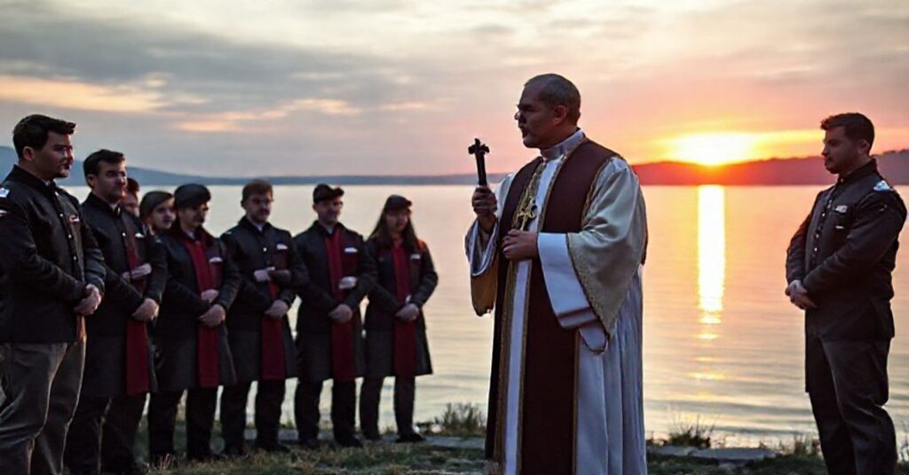 Sobieściowski ksiądz w tradycyjnych szatach kapłańskich stoi przy jeziorze z krzyżem, w tle zachód słońca. Harcerze w mundurach słuchają nie odczuwając pokuty i cierpienia adwentowego. Scena podkreśla sprzeczność między świętością a świeckim podejściem.