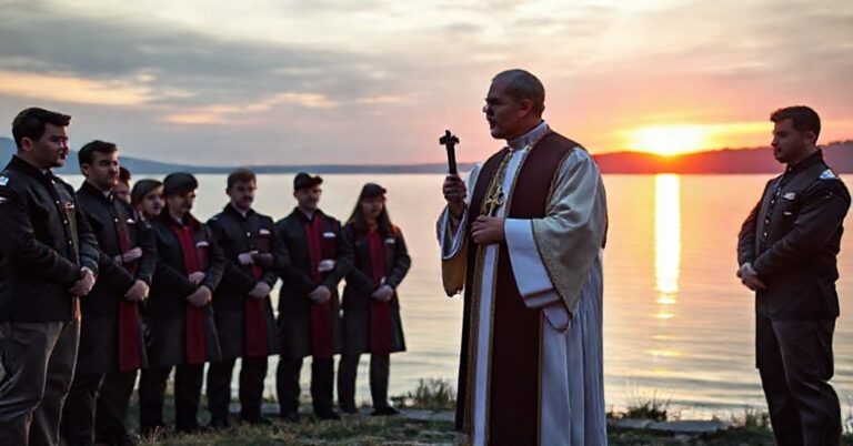 Sobieściowski ksiądz w tradycyjnych szatach kapłańskich stoi przy jeziorze z krzyżem, w tle zachód słońca. Harcerze w mundurach słuchają nie odczuwając pokuty i cierpienia adwentowego. Scena podkreśla sprzeczność między świętością a świeckim podejściem.