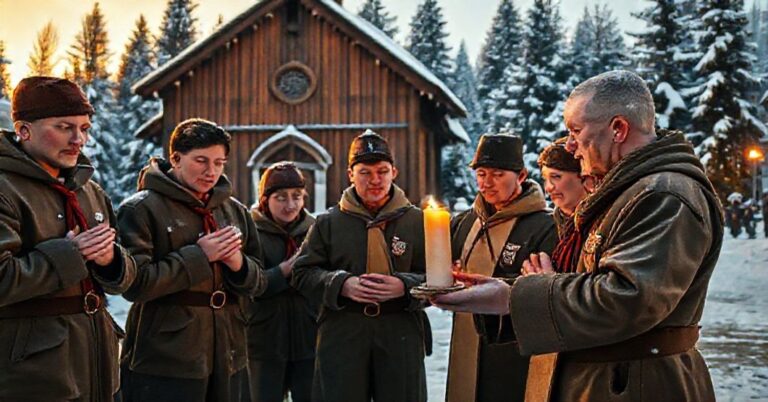Tradycyjni harcerze w pełnym mundurze modlą się z zapaloną betlejemską lampką pokoju w Zakopanem.