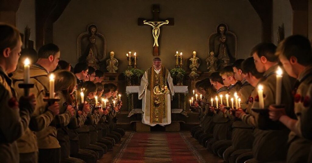 Grupa harcerzy modli się podczas mszy świętej w sanktuarium Matki Bożej Fatimskiej na Krzeptówkach. Scena oświetlona jest świecami, a na tle widoczne są symbole katolickie.