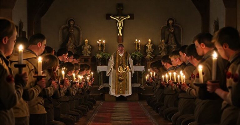 Grupa harcerzy modli się podczas mszy świętej w sanktuarium Matki Bożej Fatimskiej na Krzeptówkach. Scena oświetlona jest świecami, a na tle widoczne są symbole katolickie.