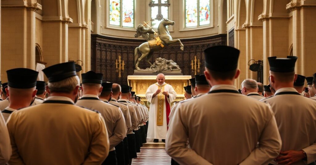 Grupa harcerzy w tradycyjnych mundurach klęczących podczas Mszy Trydenckiej w kościele św. Wojciecha w Kielcach 18 kwietnia 2026