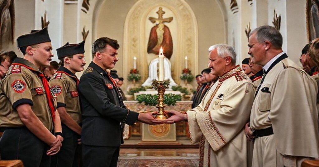 ZHP harcerze w sanktuarium Matki Bożej Fatimskiej na Krzeptówkach podczas przekazu Betlejemskiego Światła Pokoju, z obecnością władz państwowych.