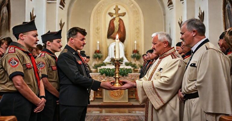 ZHP harcerze w sanktuarium Matki Bożej Fatimskiej na Krzeptówkach podczas przekazu Betlejemskiego Światła Pokoju, z obecnością władz państwowych.