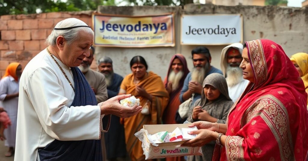Helena Pyz rozdaje pomoc materialną trędowatym w Indiach w ośrodku Jeevodaya