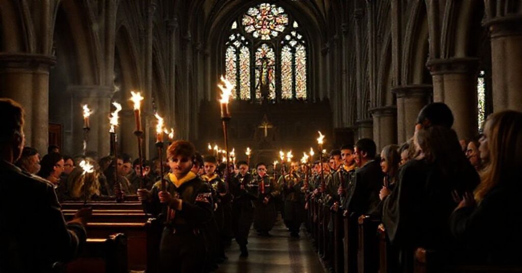 Wnętrze Katedry św. Mikołaja w Bielsku-Białej podczas heretyckiego obrzędu harcerskiego zatytułowanego 'Betlejemskie Światło Pokoju'