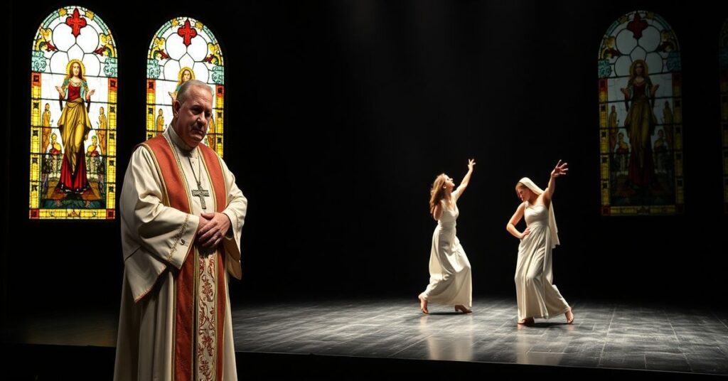 Obraz przedstawiający biskupa w tradycyjnym strój liturgiczny z niepokojącym wyrażeniem na tle spektaklu tańca przedstawiającego Mękę Chrystusa z perspektywy Marii Magdaleny i Judasza. Scena podkreśla herezję i pustkę duchową