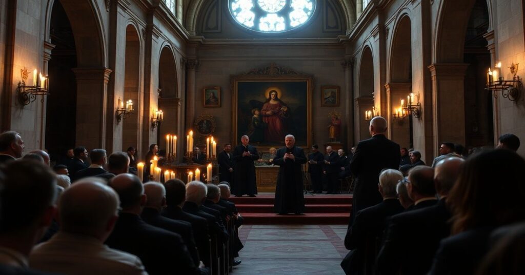 Wnętrze bazyliki Santa Maria in Trastevere podczas heretyckiego spektaklu teatralnego promującego kult Janusza Pawła II. Na scenie aktorzy w postaciach fałszywych kardynałów Grzegorza Rysia i Marka Jędraszewskiego recytują wiersze z Tryptyku rzymskiego Karola Wojtyły przy akompaniamencie świeckiej muzyki barokowej. Publiczność w współczesnych ornatach obserwuje wydarzenie w atmosferze duchowej zdrady.