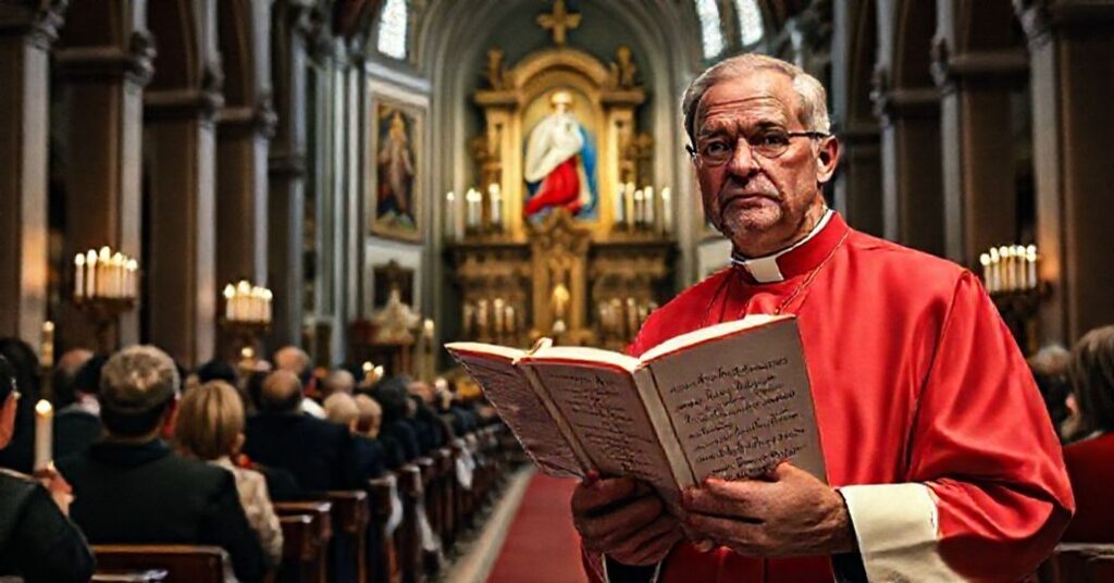 Ołtarz katolicki podczas uroczystości Niepokalanego Poczęcia Marii Panny z przedstawieniem heretyckiego biskupa Petera Kohlgrafa w kontrastowym oświetleniu