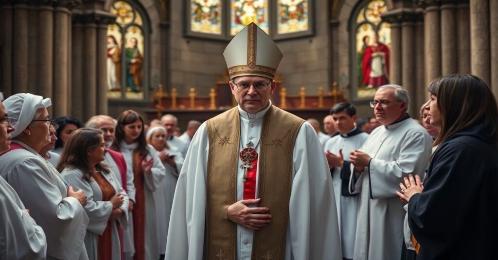 Obraz przedstawiający herezję: 'biskup' Fresno wspólnie konsekrujący anglikańską 'biskupkę' w katedrze św. Jakuba