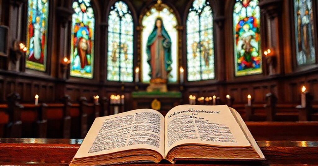 Stary kościół z tradycyjną figurą Matki Boskiej otoczoną witrażami i otwartą książką o herezji modernistycznej mariologii