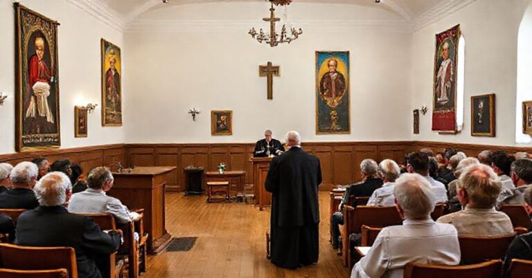 Wykładowca na konferencji w Białej Sali Sanktuarium św. Jana Pawła II w Krakowie omawia herezję nowomodyńskiej "teologii ciała".