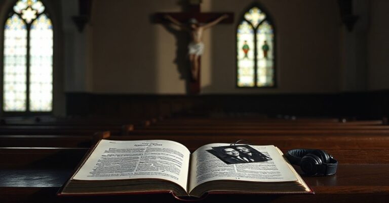 Tradcyjna katolicka wnęka kościelna z otwartym dokumentem heretyckiej adhoratacji "Dilexi te" i audiobookiem obok krzyża
