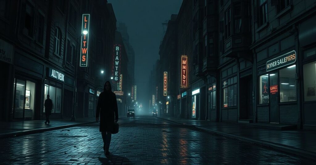 Opuszczone miasto w nocy symbolizujące hermetyczny pesymizm i brak nadziei w chrześcijańskim kontekście