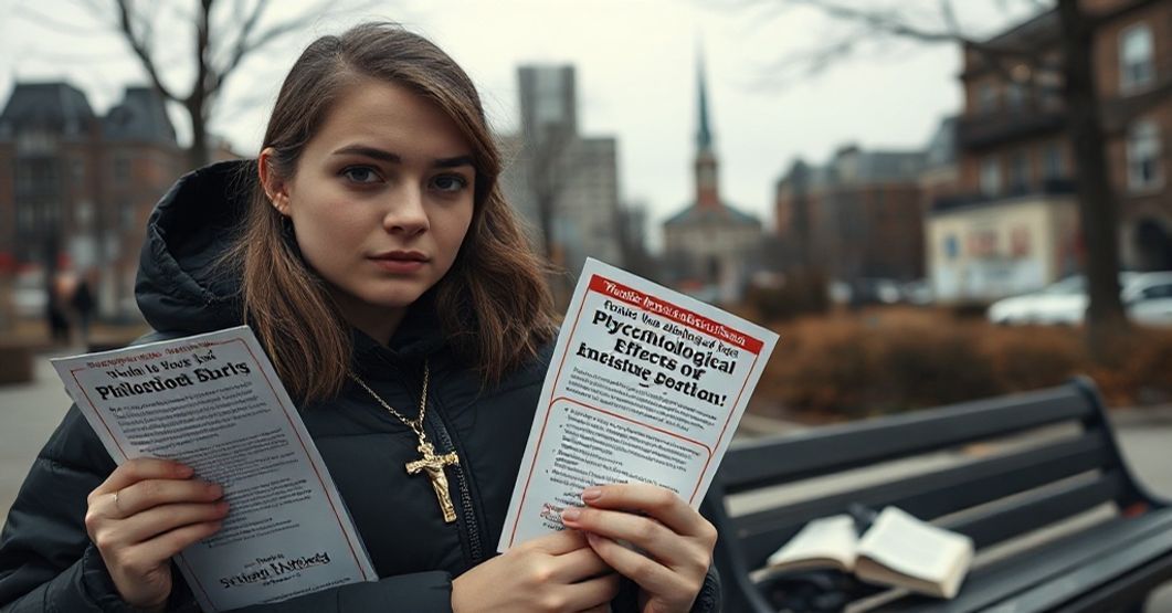 Młody katolicki protestujący w tradycyjnym krzyżyku stoi przed kliniką aborcyjną w Montrealu, trzymając ulotki informacyjne o konsekwencjach psychicznym aborcji. Scena jest ramiona przez smutny jesienny krajobraz miasta w tonacji pasterzowych kolorów.