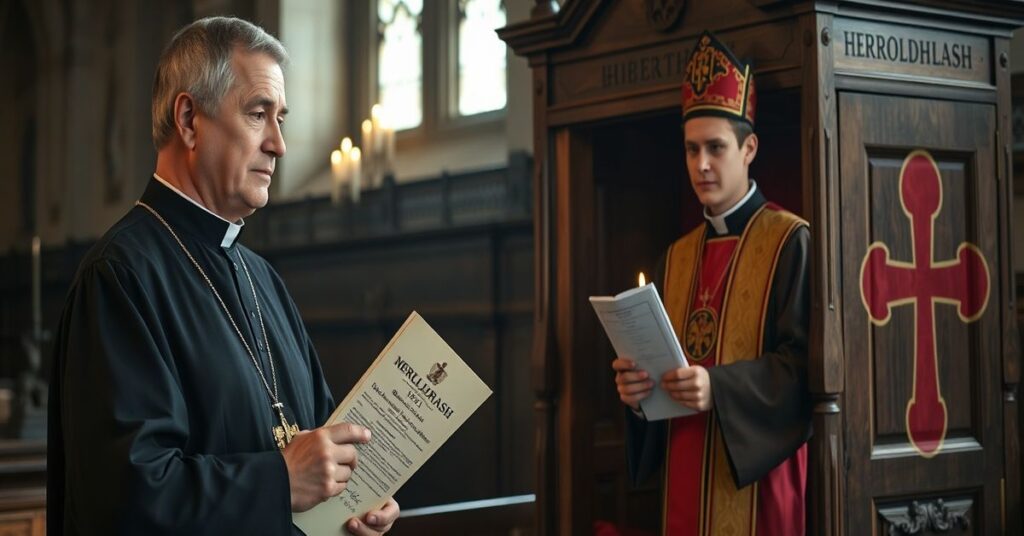 Ksiądz w tradycyjnym habicie katolickim z dokumentem o potępionych objawieniach w Heroldsbach