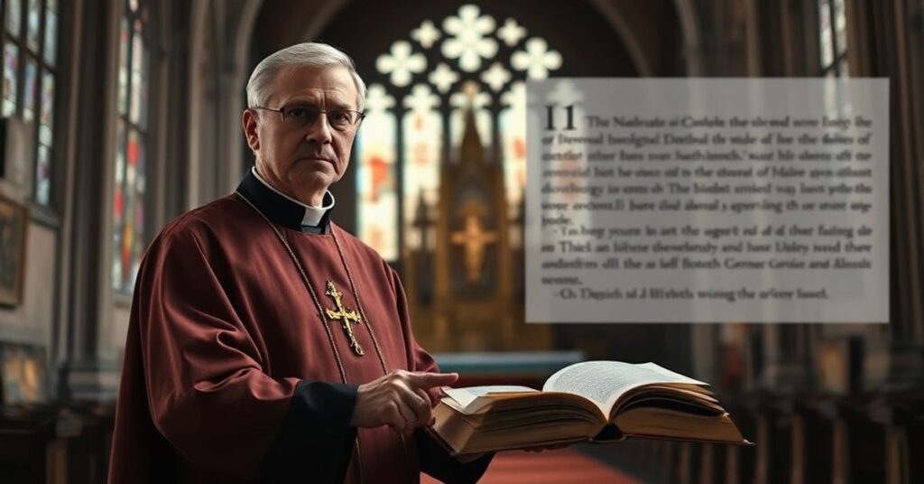 Wnętrze kościoła w stylu neogotyckim z tradycyjnymi elementami katolickimi. Hierarcha Mutsaerts w modernistycznych ornatach stoi przed pustym tabernakulum.