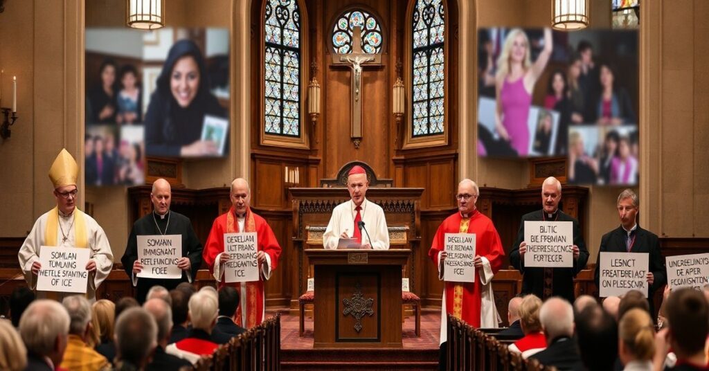 Wnętrze kościoła katolickiego z hierarchami neokatechetyzującymi nielegalną imigrację