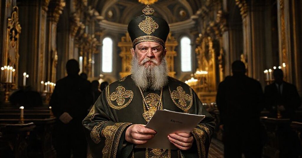 Obraz przedstawiający metropolitę Hilariona w tradycyjnych szatach prawosławnych w ciemnym, ornamentowanym soborze z ikonami i świecami. Tło sugeruje polityczne gry i moralny upadek Rosyjskiego Kościoła Prawosławnego.