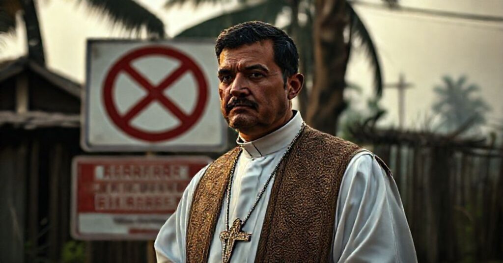 Chrześcijański kapłan stoi przed znakiem zakazującym wstępu chrześcijanom do wioski w Indiach.