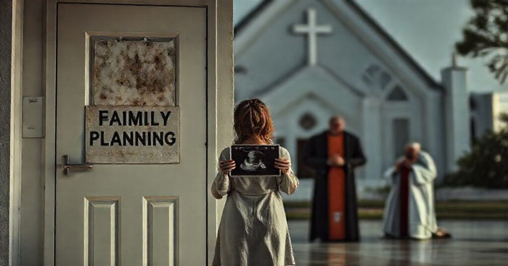 Zamknięta brama przychodni zdrowia z wyblakłym napisem "Family Planning" na tle współczesnego kościoła katolickiego. Przygnębiona kobieta trzyma zdjęcie ultrasonograficzne, podczas gdy ksiądz w traditionałnych szatach modli się obok.