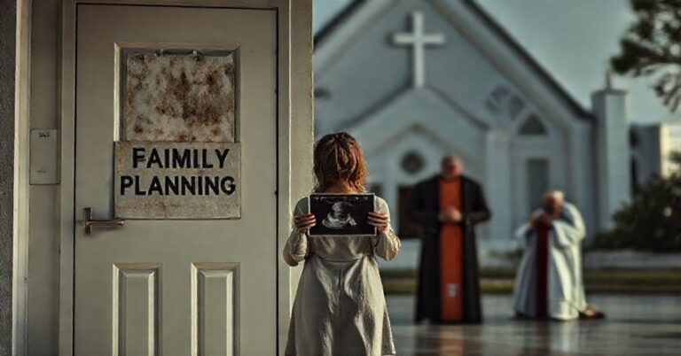Zamknięta brama przychodni zdrowia z wyblakłym napisem "Family Planning" na tle współczesnego kościoła katolickiego. Przygnębiona kobieta trzyma zdjęcie ultrasonograficzne, podczas gdy ksiądz w traditionałnych szatach modli się obok.