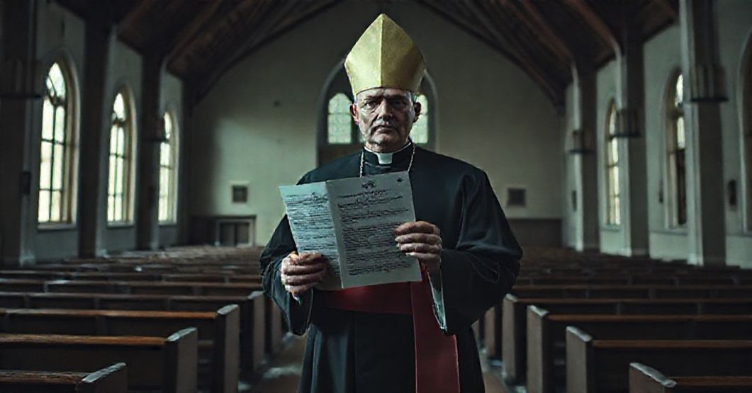 Zdjęcie przedstawiające modernistycznego "biskupa" w tradycyjnym kościele katolickim. Na twarzy mężczyzny widoczna jest poważna minę, trzyma dokument potępiający ideologię genderu przed pustym wnętrzem kościoła z współczesną architekturą.