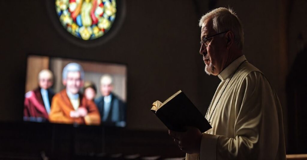 Pokorny książ katolicki stoi w ciemnym koście, trzymając brewiarz, z troskliwym wyrazem twarzy patrzyąc na nowoczesny ekran mediów prezentujący zdjęcie syna słynnego komentatora w homoseksualnym "małżenstwie". Kontrast pomiędzy tradycją a nowoczesnością jest wyrażny.