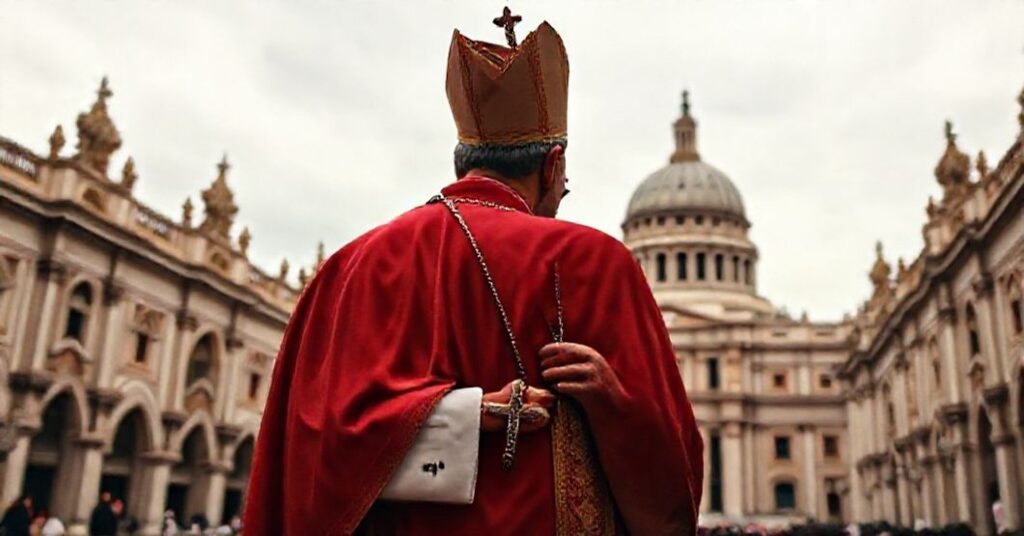 Katolicki biskup w tradycyjnym stroju liturgicznym stoi w katedrze, trzymając różaniec, z poważną twarzą skierowaną ku korumpowanemu budynkowi rządowemu na horyzoncie.