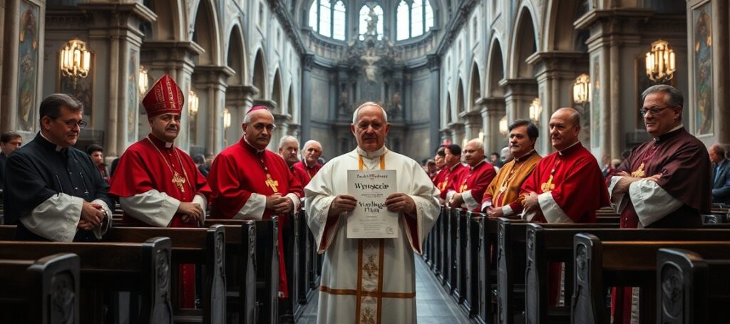 Grupa hiszpańskich biskupów w tradycyjnych szatach liturgicznych trzyma dokument zatytułowany 'Wyruszcie w drogę' w opuszczonym kościele.