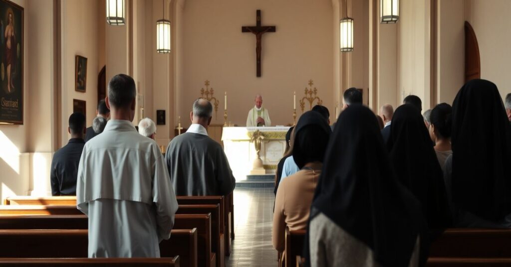 Wnętrze kościoła w Holandii z małą grupą wiernych podczas ubogiej mszy świętej, odzwierciedlającej doktrynalny upadek