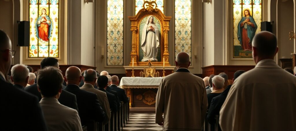Wnętrze tradycyjnego kościoła katolickiego z ołtarzem i rzeźbą Serca Najświętszej Maryi Panny. Członkowie zgromadzenia słuchają bez emocji homilii abpa Zbigniewa Zielińskiego. Scena przedstawia duchową pustkę jego kazania.