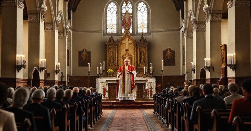 Realistyczny obraz wnętrza tradycyjnego kościoła katolickiego podczas homilii biskupa Jana Glapiaka w Poznaniu.