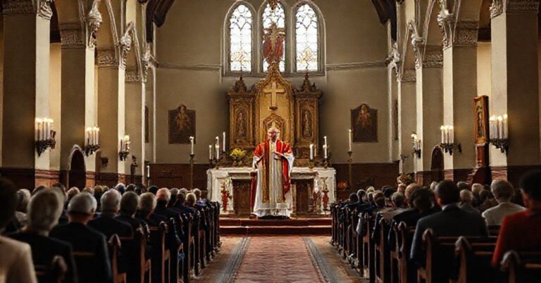 Realistyczny obraz wnętrza tradycyjnego kościoła katolickiego podczas homilii biskupa Jana Glapiaka w Poznaniu.