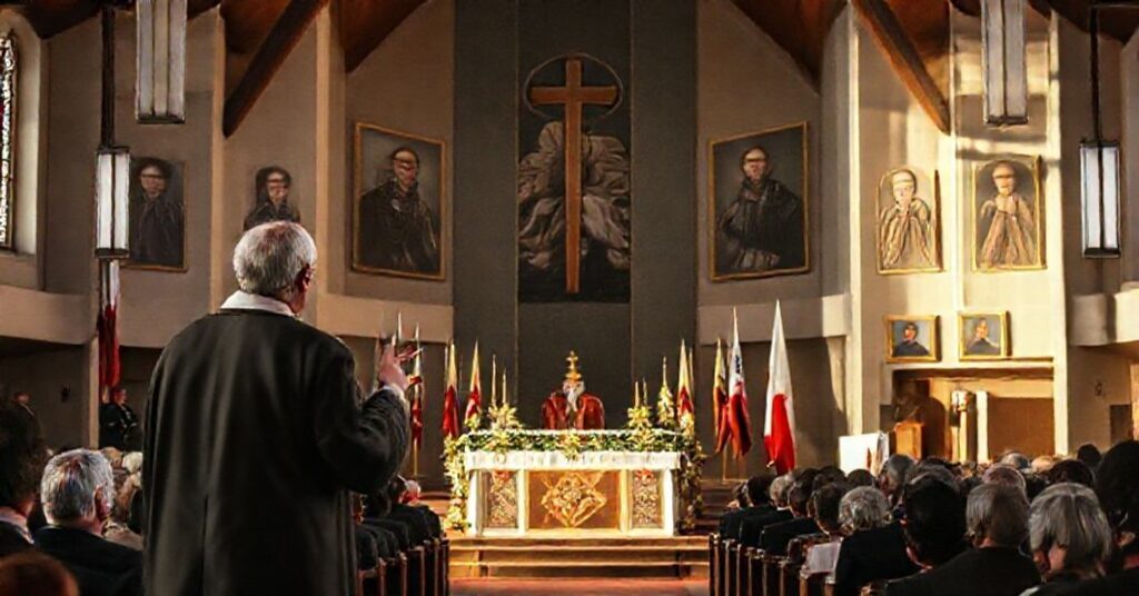 Wnętrze konkatedry św. Jadwigi w Zielonej Górze podczas homilii „bp” Adriana Put w dniu 11 listopada 2025 r.